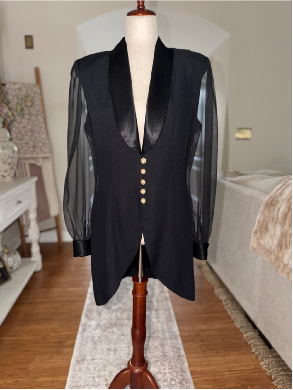 Vintage Cache Black Blazer with Sheer Sleeves and Gold Pearl Buttons Size 7/8